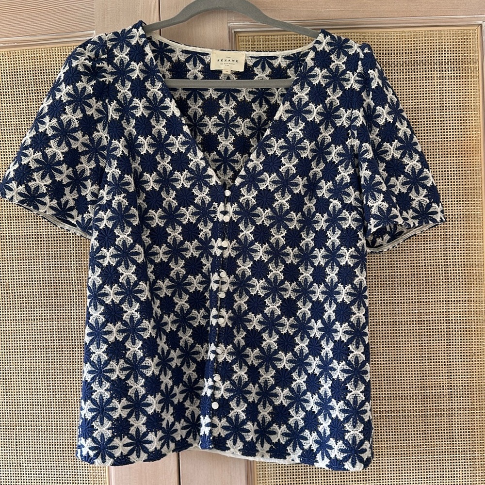 Sezane Blue and White Floral Top